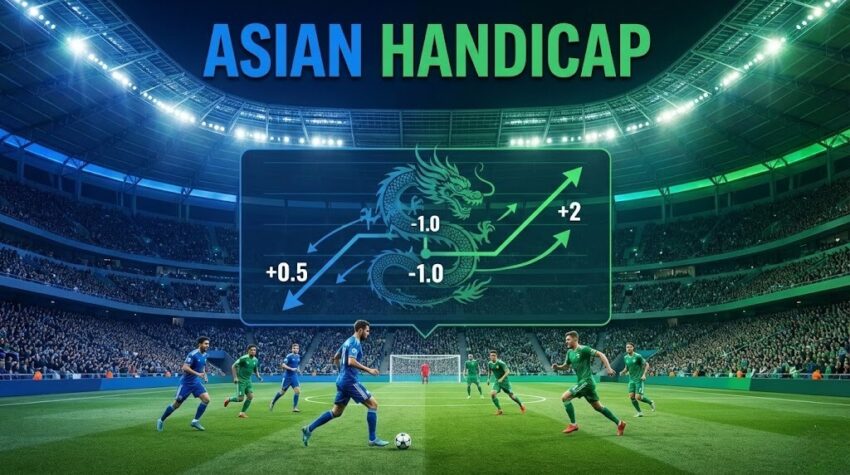 Ilustrasi taruhan sepak bola Asian Handicap dengan grafik handicap, tim bermain di stadion modern, dominan biru dan hijau, gaya realistis.