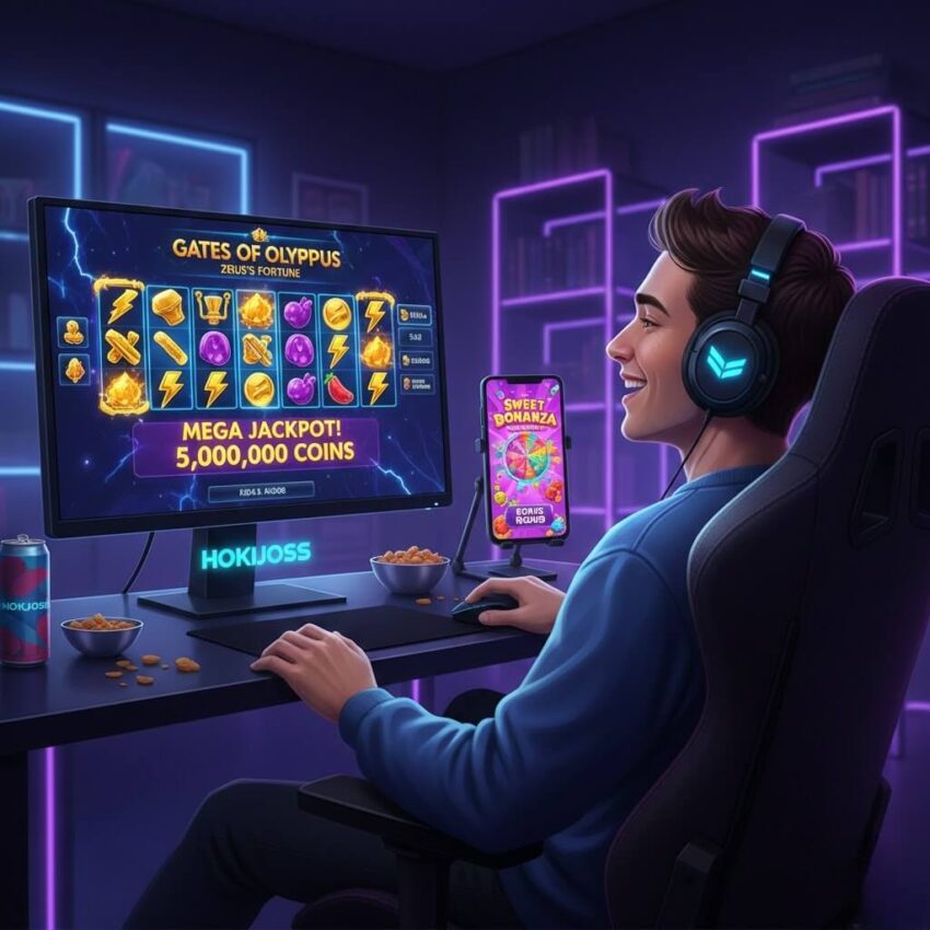 Pemain bermain slot game populer 2026 di Hokijoss melalui PC dan smartphone