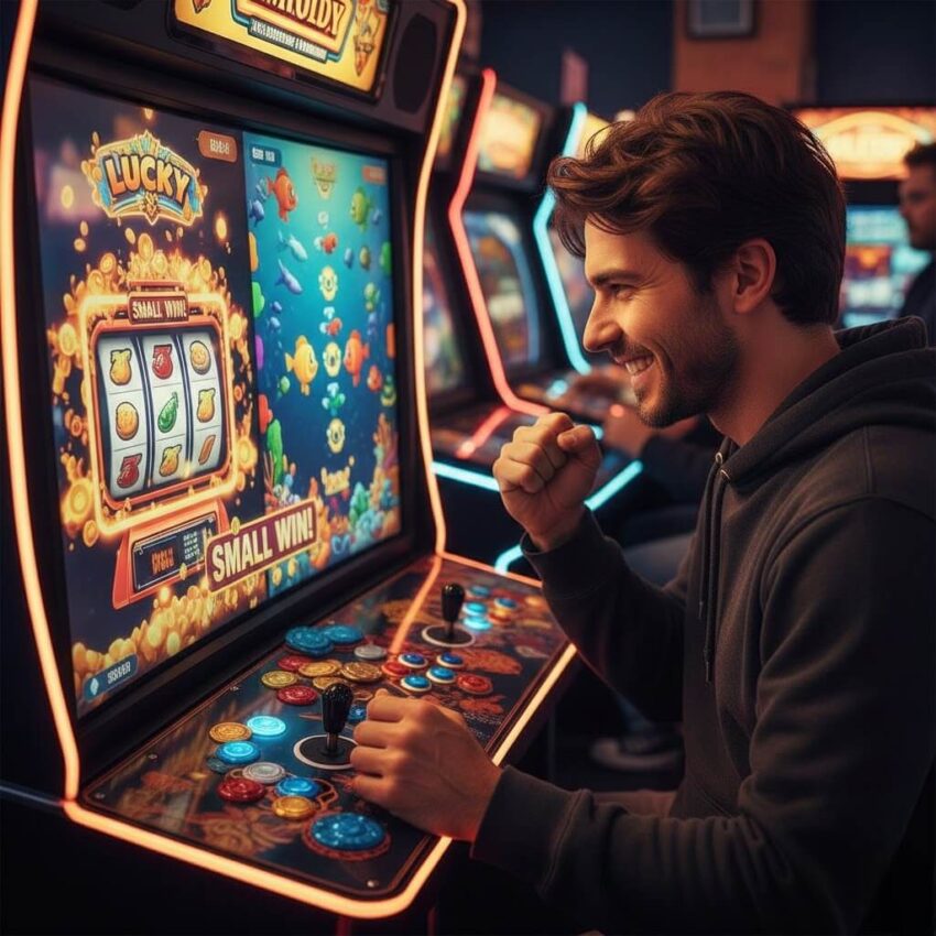 Pemain arcade game online fokus bermain slot mini dan tembak ikan dengan modal kecil, chip dan koin terlihat jelas, strategi HOKIJOSS diterapkan, ekspresi serius dan antusias