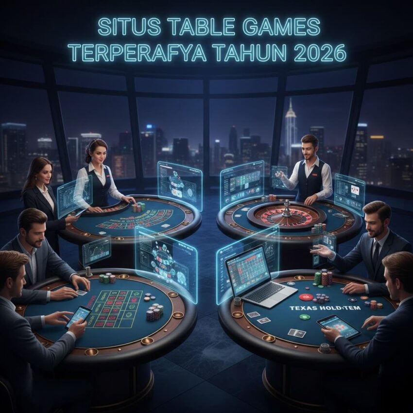 Ilustrasi Situs Table Games Terpercaya Tahun 2026 dengan Hokijoss, menampilkan baccarat, blackjack, roulette, poker, live dealer, dan pemain mobile