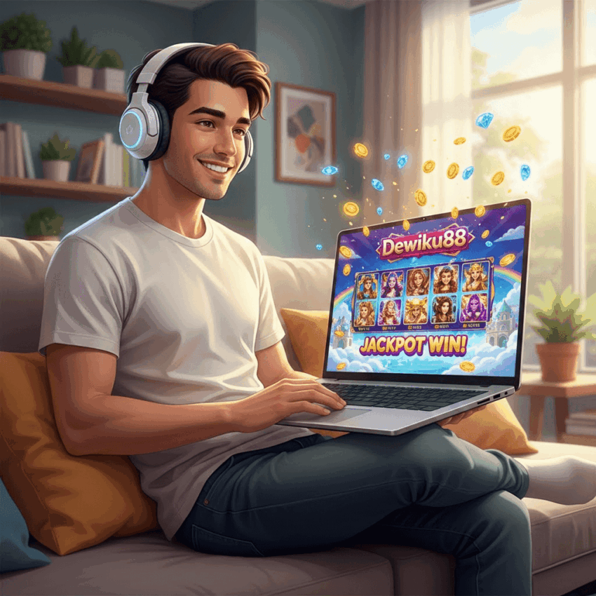 Pemain pemula bermain slot online di Dewiku88, layar menampilkan animasi koin dan jackpot, suasana modern dan ceria